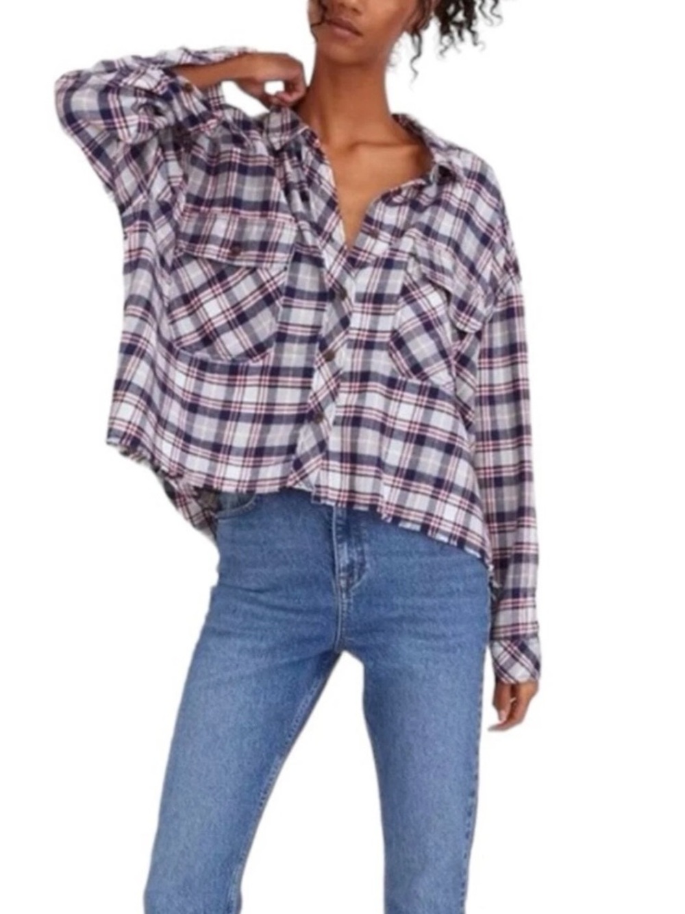 NWT Urban Outfitters BDG Rayne Flannel Boxy Cropped Button Down Shirt Sz Lg